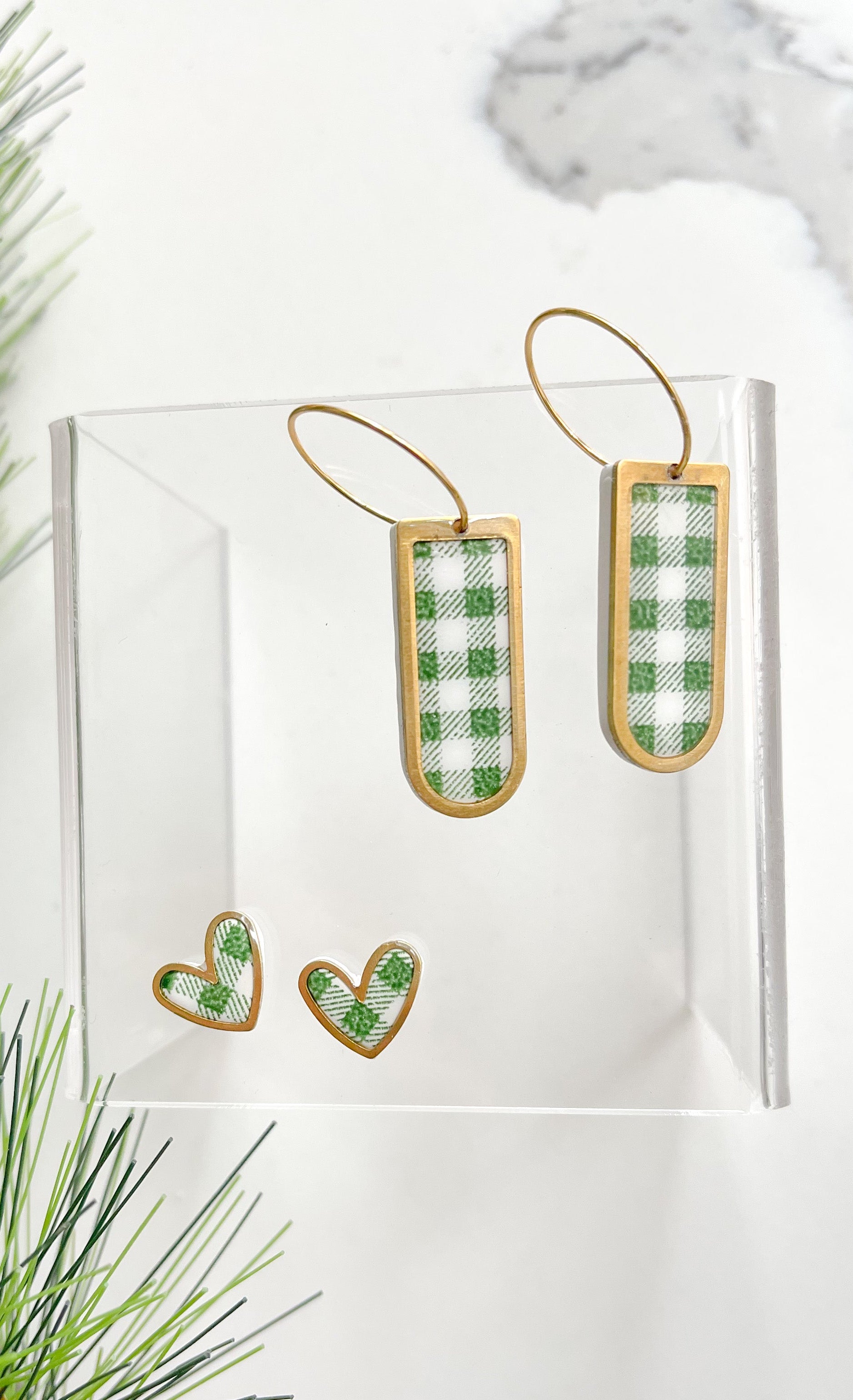 Clay Earrings | Green Gingham Dangle Hoops Kush Life Designs