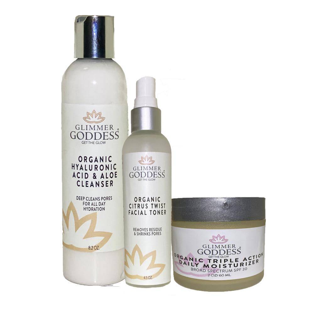 Organic 3 Step Anti-Aging Skin Care Kit - Cleanse, Tone, Hydrate Glimmer Goddess® Organic Skin Care