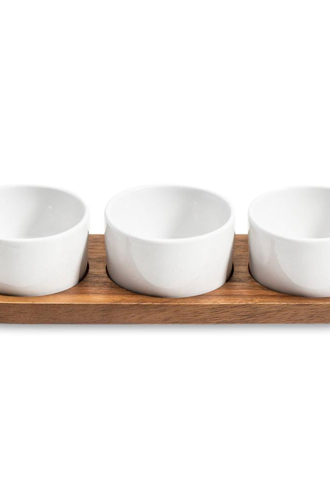Condiment Serving Set  3 Ceramic Bowls with Lids  13" x 3.75" The Groovalution
