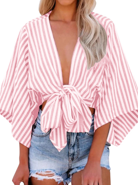 Women's Striped Crop Top V-Neck Tie Front Flare Sleeve Blouses 
 H8LBSR6XW6 Casual Chic Boutique