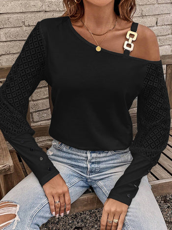 Asymmetrical Neck Lace Long Sleeve T-Shirt Trendsi