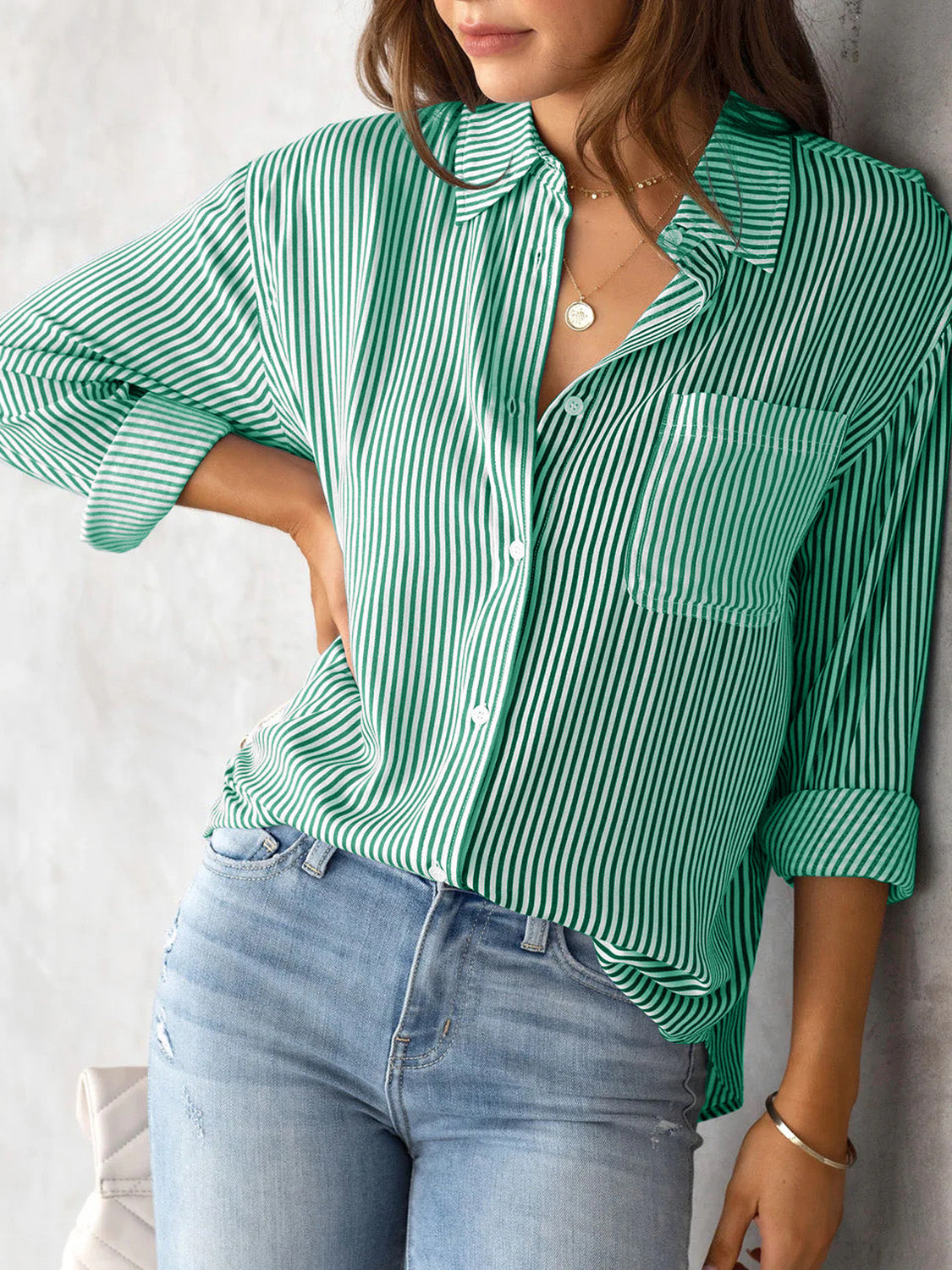 Striped Collared Neck Shirt with Pocket Casual Chic Boutique