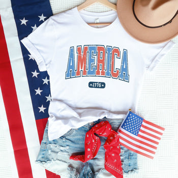 America 1776 Varsity | Short Sleeve Graphic Tee Olive and Ivory Retail