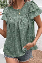 Ruffled Printed Round Neck Cap Sleeve Blouse Trendsi