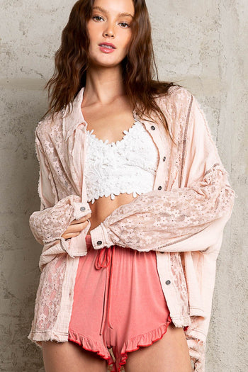 POL Oversize Lace Button-Down Shirt Trendsi