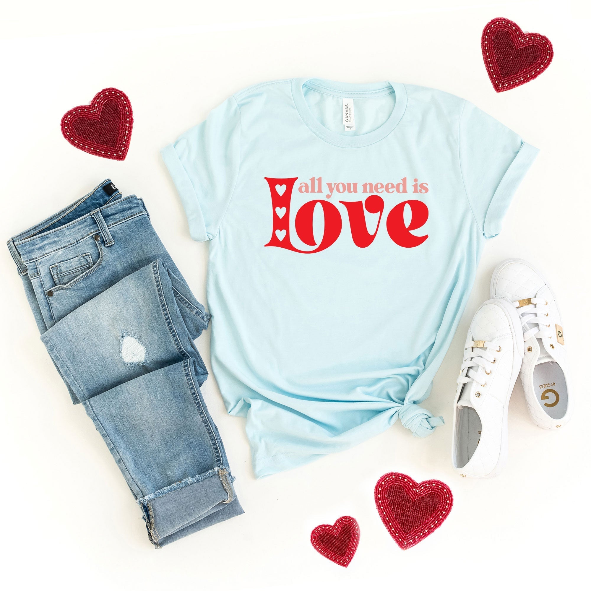 All You Need Is Love Hearts | Short Sleeve Graphic Tee Olive and Ivory Retail