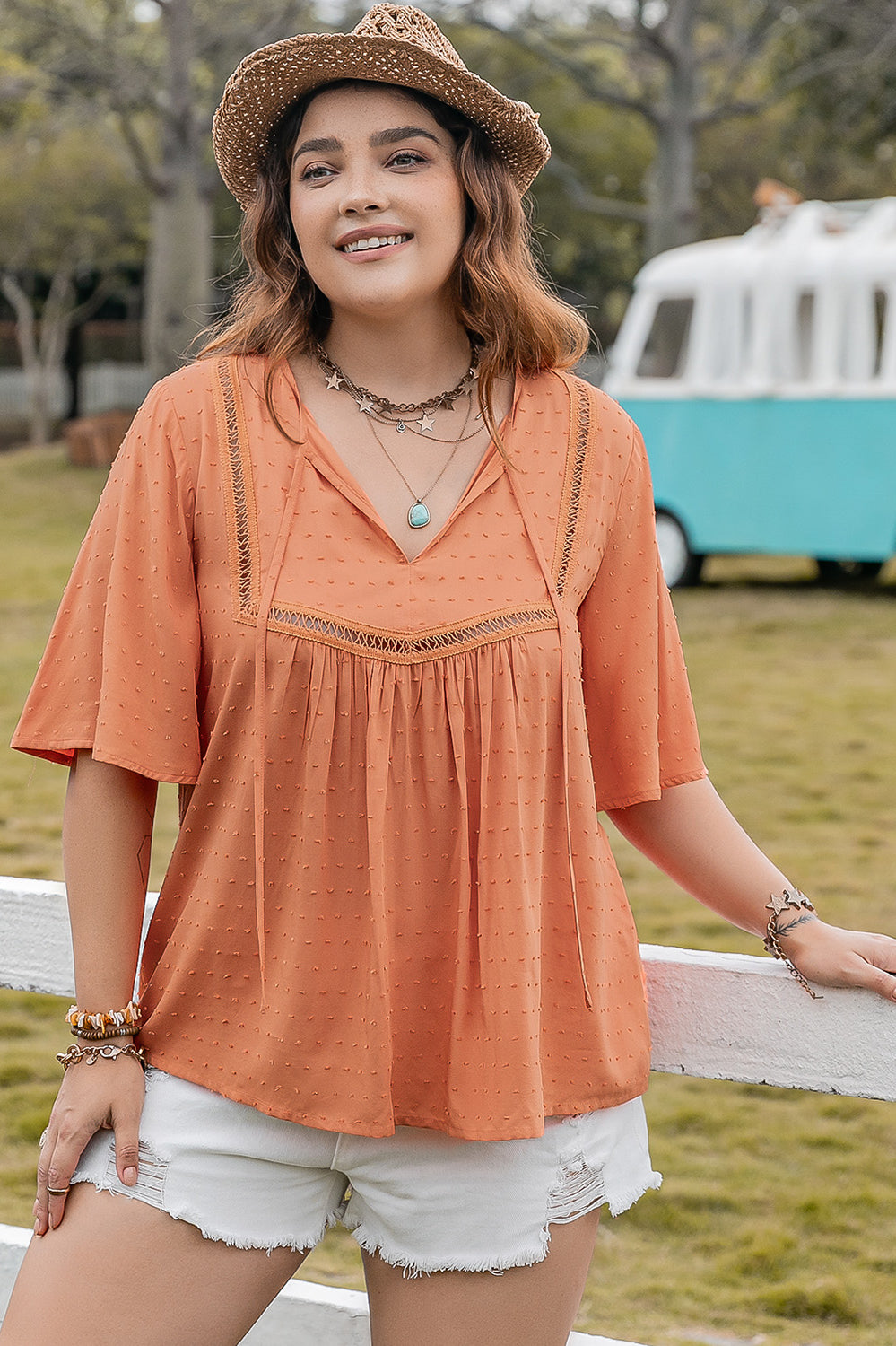 Plus Size Ruched Tie Neck Half Sleeve Blouse Trendsi