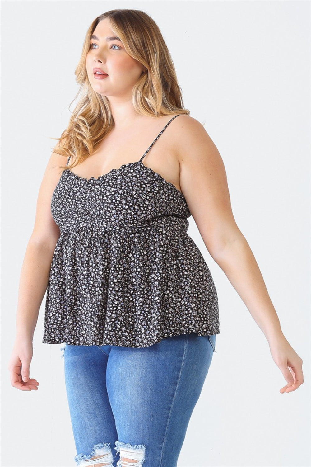 Zenobia Plus Size Frill Smocked Floral Sweetheart Neck Cami Zenobia