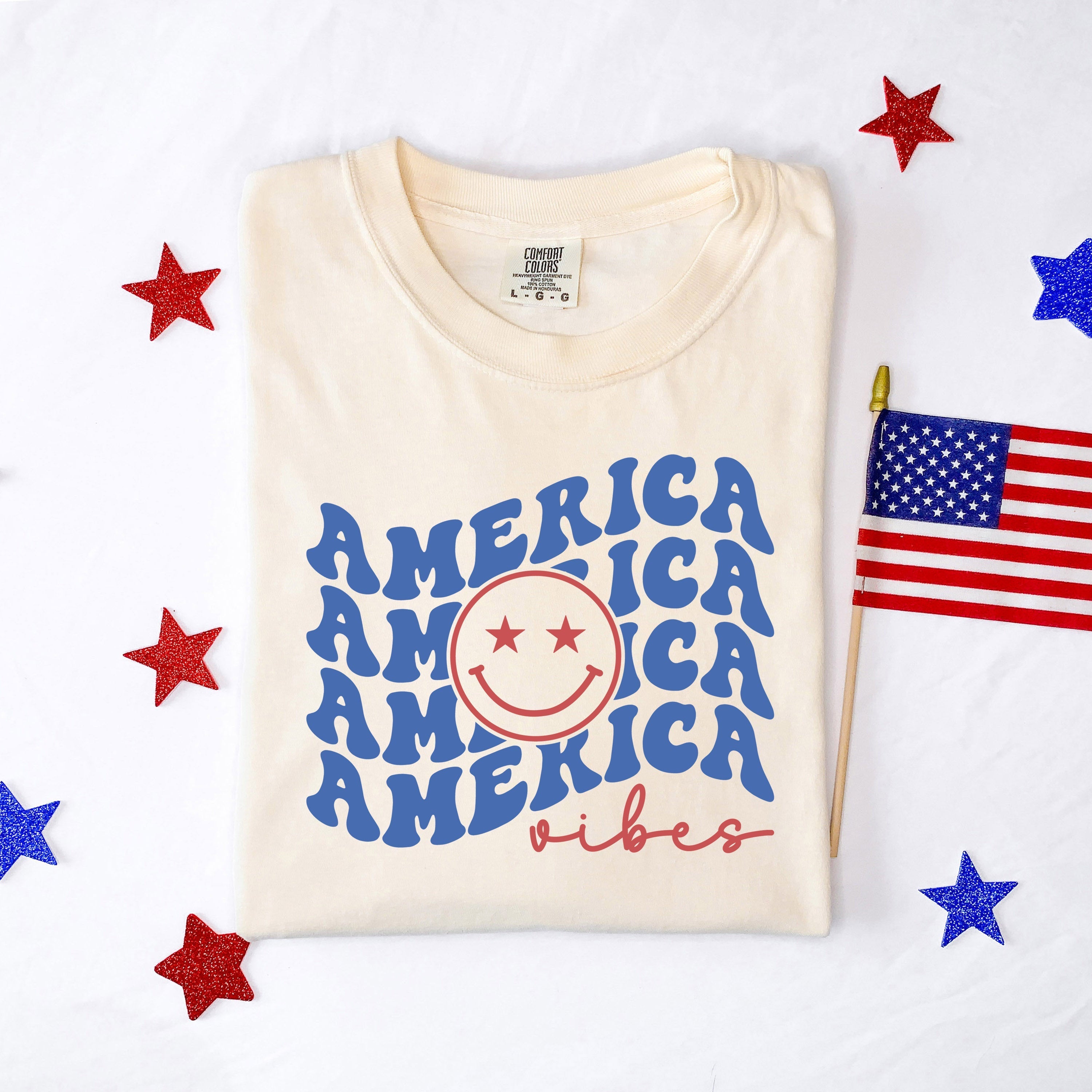 America Vibes Stacked | Garment Dyed Short Sleeve Tee Olive and Ivory Retail