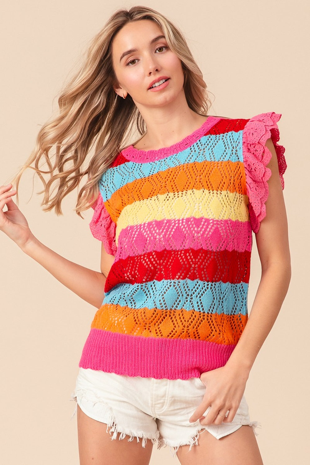 BiBi Pointelle Striped Ruffled Knit Top Trendsi