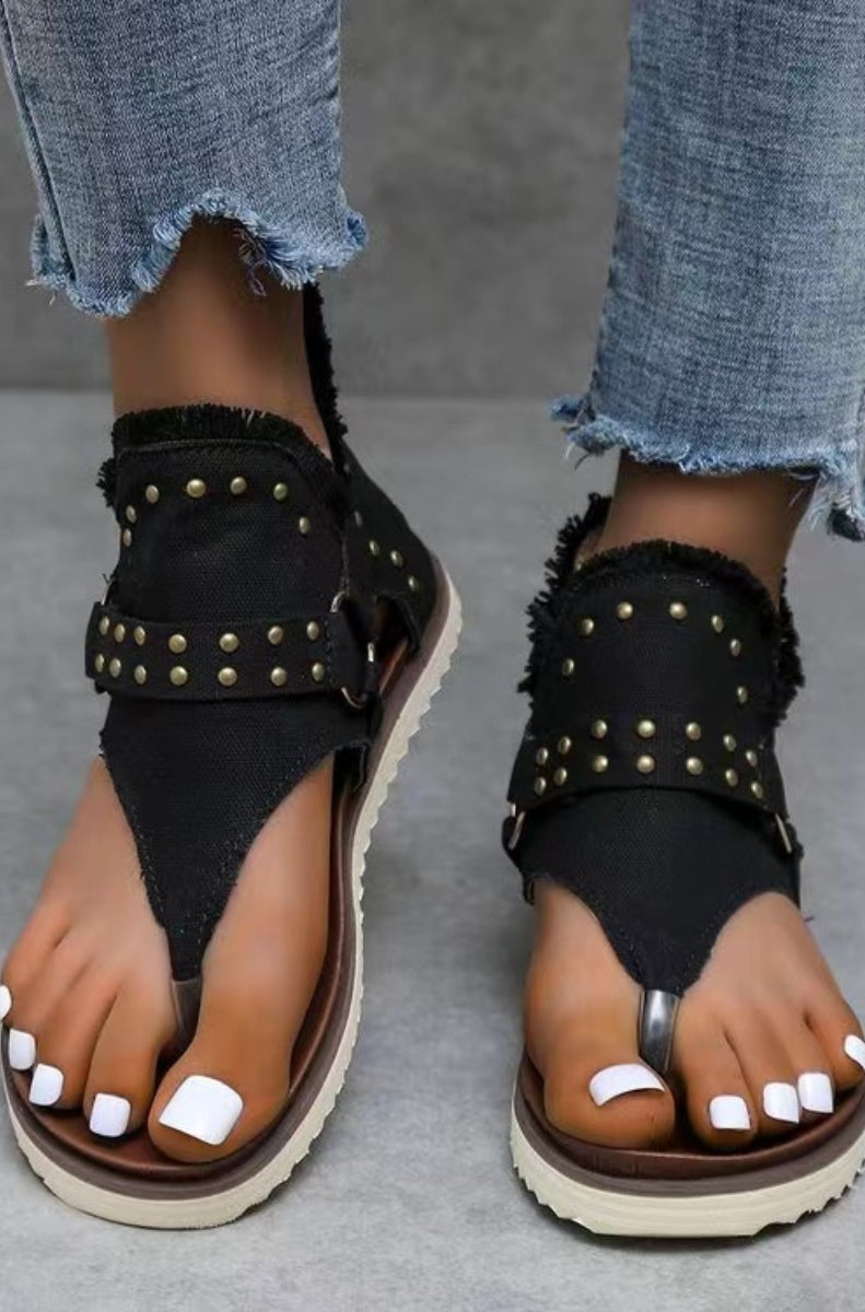 Studded Raw Hem Flat Sandals Casual Chic Boutique