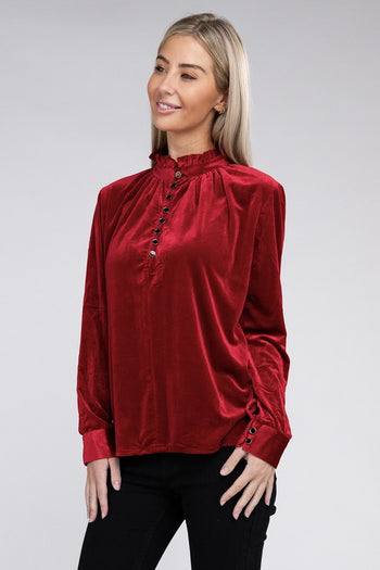 Frill Notched Neckline Velvet Blouse Nuvi Apparel