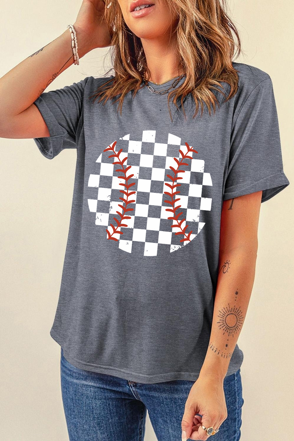 Checkered Graphic Round Neck Short Sleeve T-Shirt Trendsi