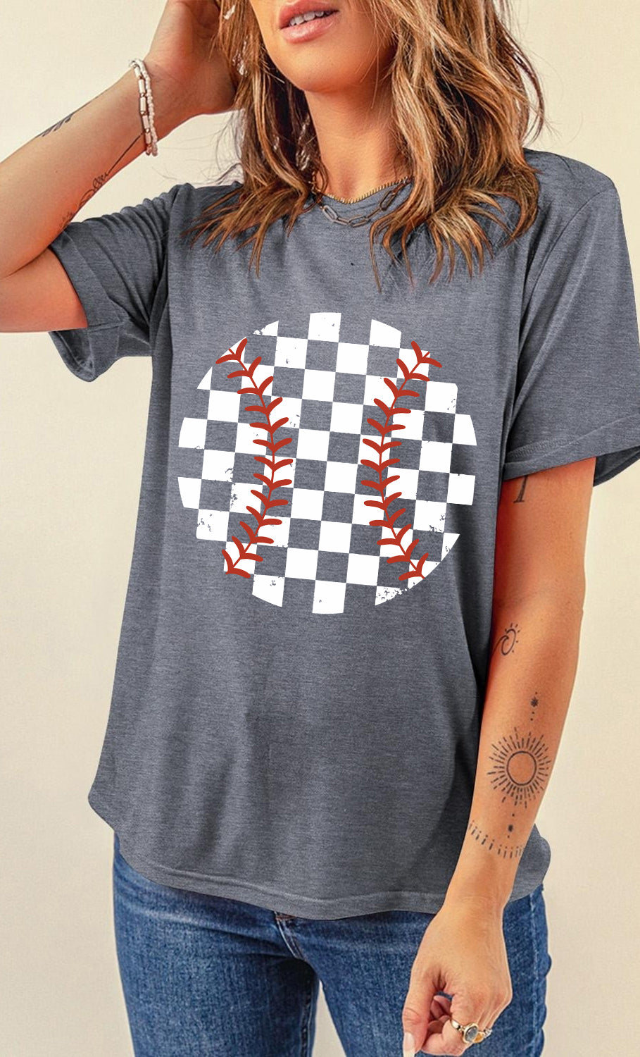 Checkered Graphic Round Neck Short Sleeve T-Shirt Trendsi