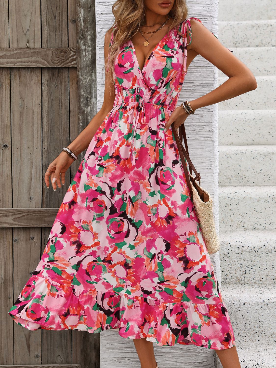 Ruffled Smocked Printed Sleeveless Dress Trendsi