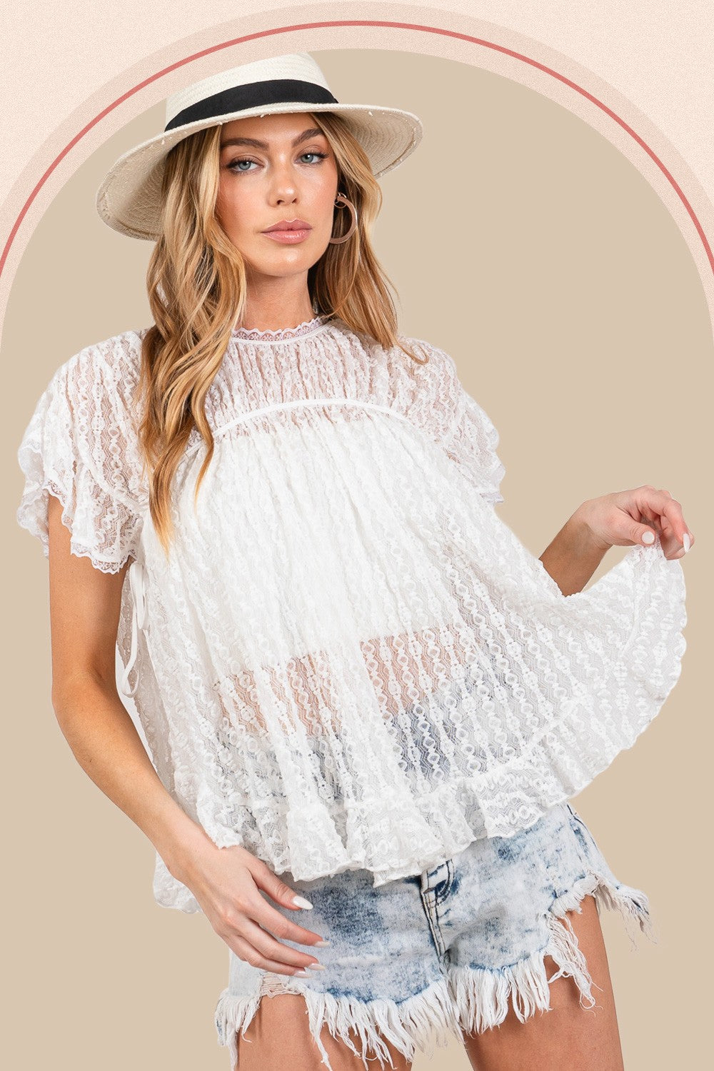 SAGE + FIG Round Neck Short Sleeve Lace Blouse Trendsi