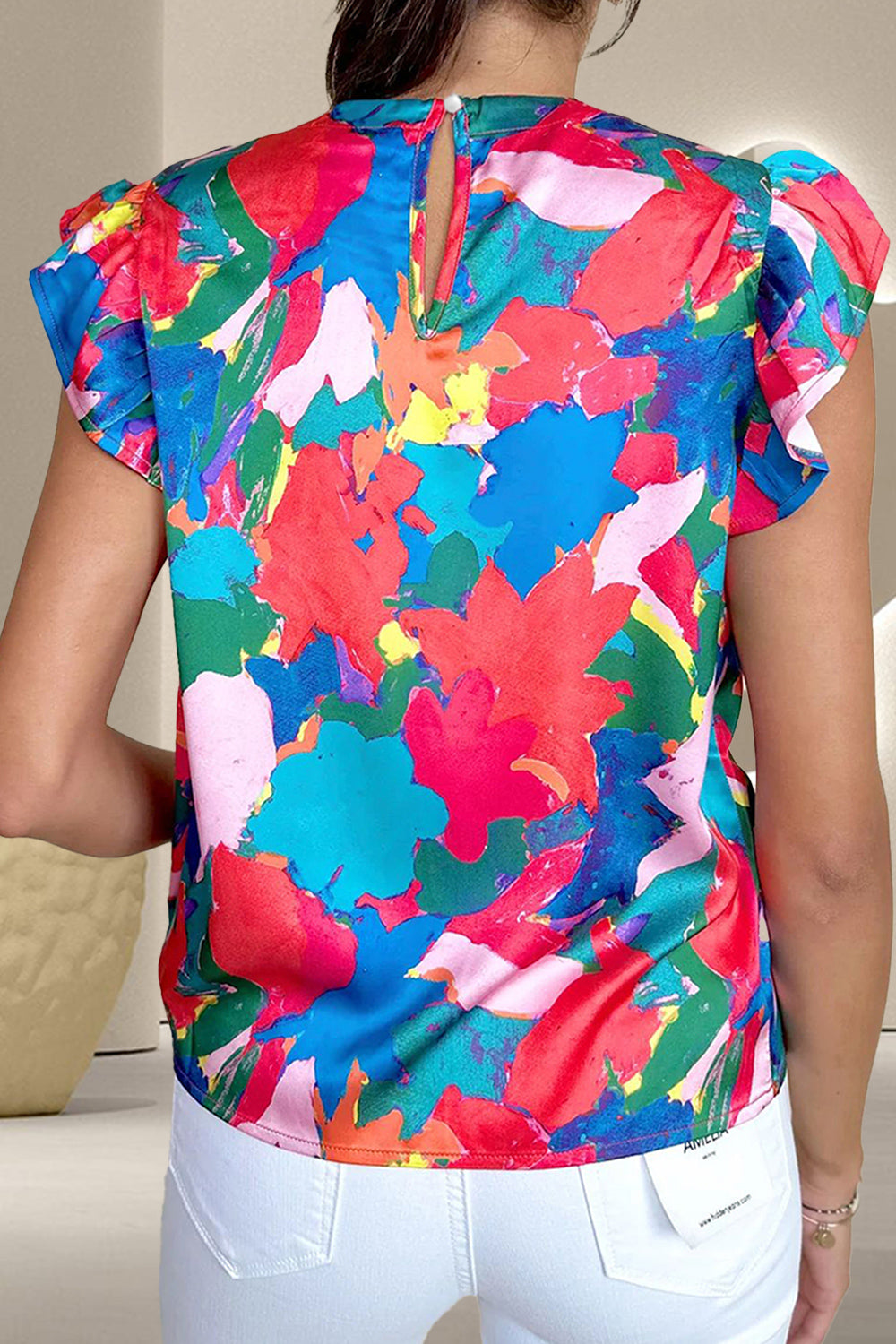 Ruffled Abstract Print Round Neck Cap Sleeve Blouse Casual Chic Boutique