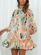 Printed Mock Neck Balloon Sleeve Mini Dress Trendsi