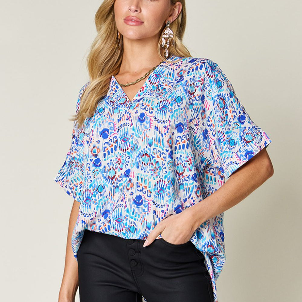 Printed V-Neck Short Sleeve Blouse