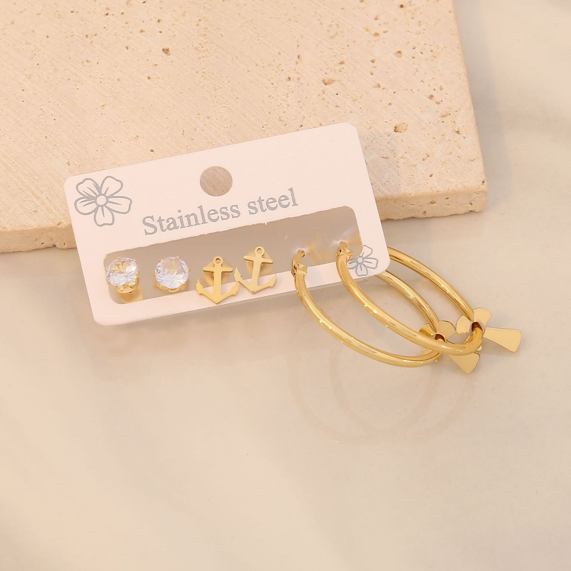 3 Piece Gold-Plated Stainless Steel Earrings