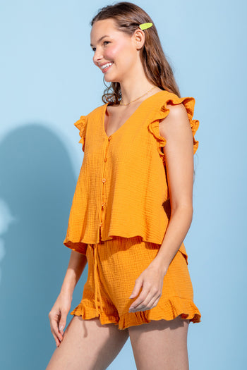 Ruffled V-Neck Cap Sleeve and Shorts Set Trendsi