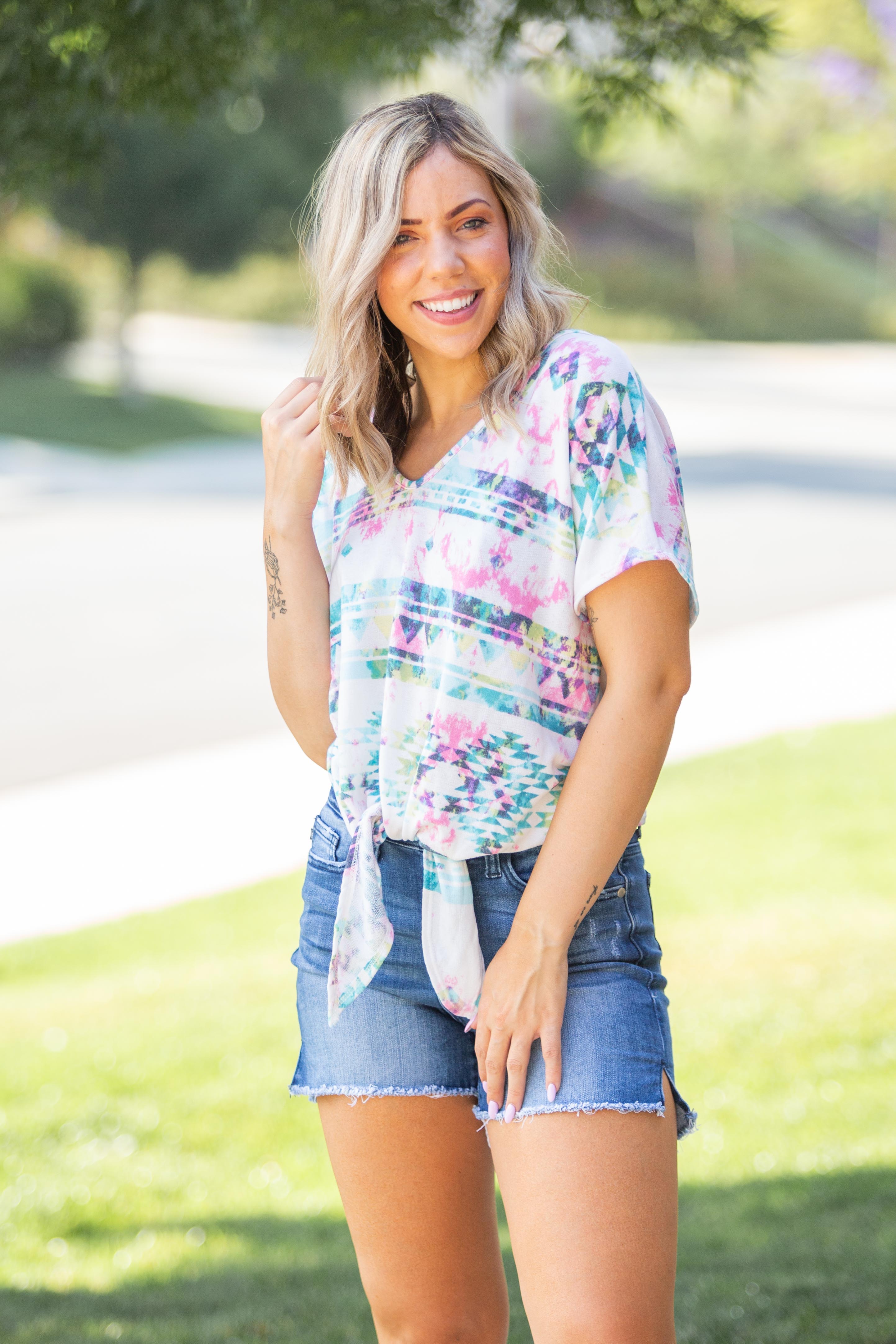 Aztec Tie Dye Front Knot Top Boutique Simplified