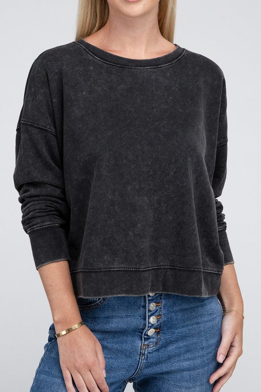 French Terry Acid Wash Boat Neck Pullover ZENANA
