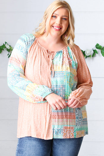 Peach & Mint Floral Color Block Raglan Peasant Top Haptics