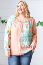 Peach & Mint Floral Color Block Raglan Peasant Top Haptics