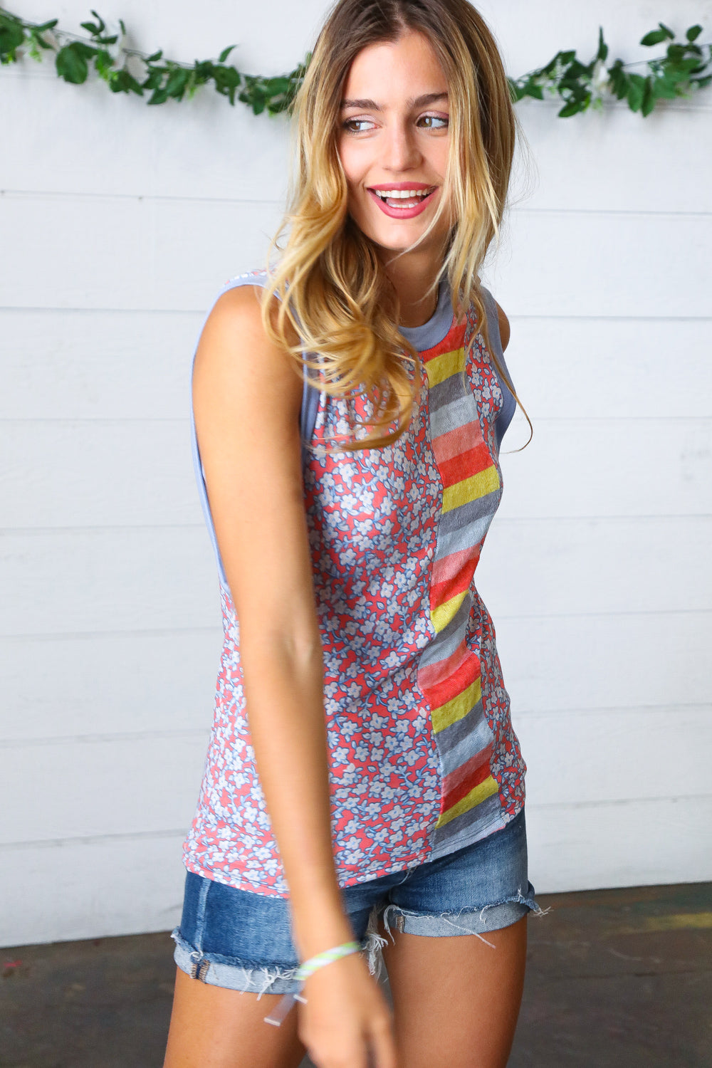 Coral & Denim Stripe Floral Print Tank Top Sugarfox