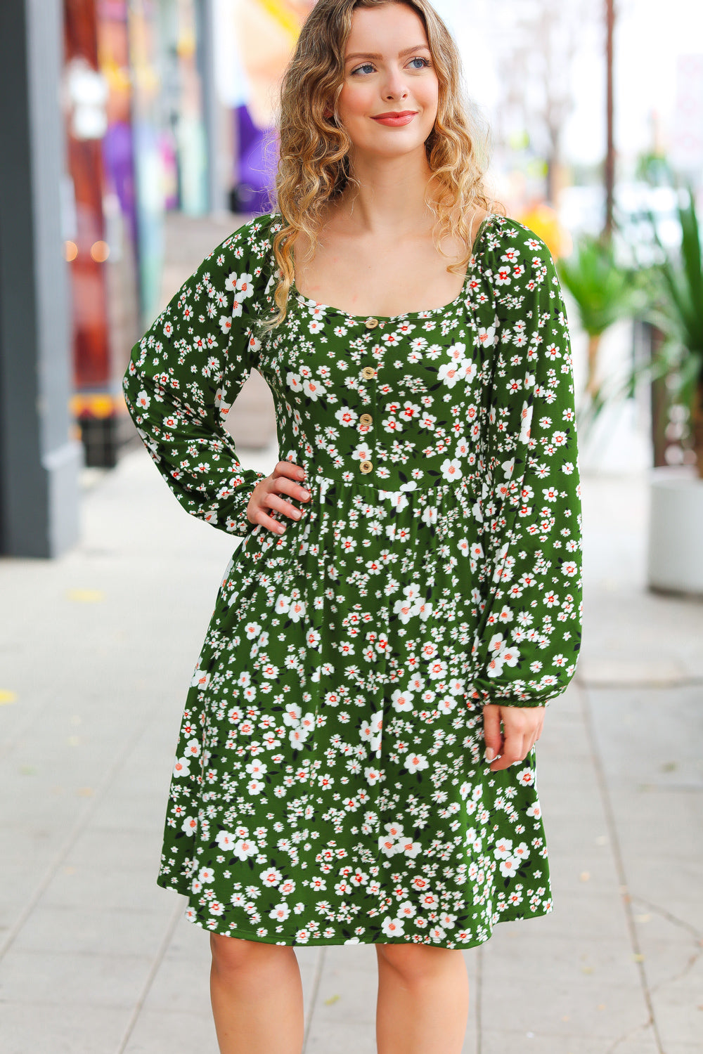 Positive Perceptions Olive Ditsy Floral Square Neck Dress Haptics