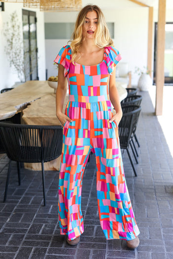 Scarlet & Aqua Geometric Print Wide Leg Jumpsuit Haptics