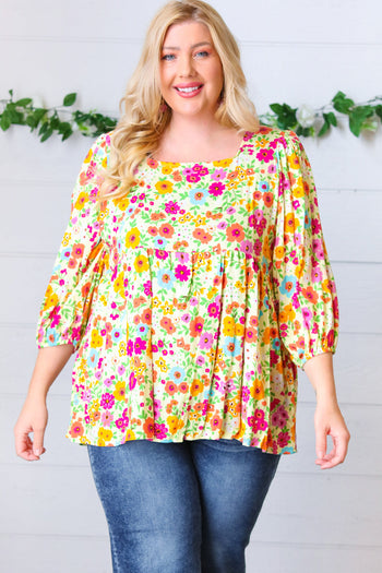 Daffodil Square Neck Peplum Floral Challis Woven Top Haptics