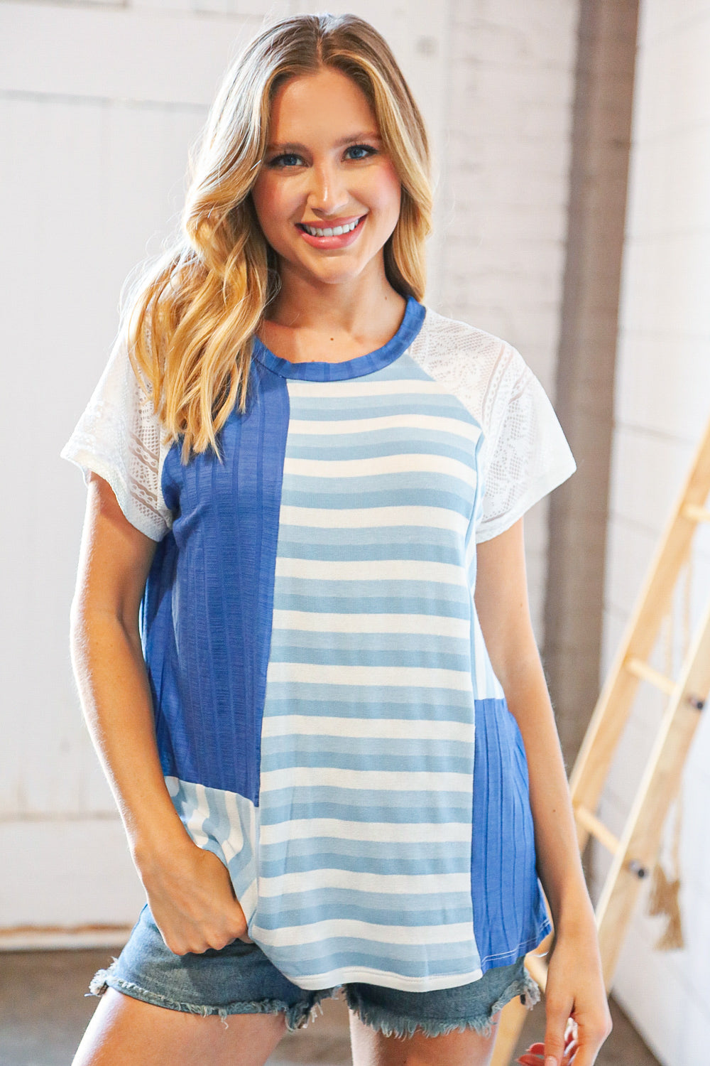 Blue Rib Terry Lace & Stripe Color Block Top Sugarfox