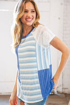 Blue Rib Terry Lace & Stripe Color Block Top Sugarfox