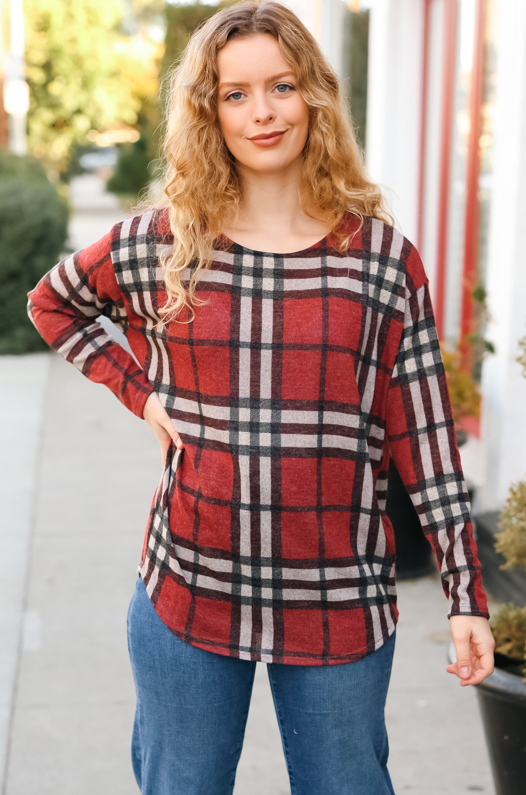 Perfectly You Red Plaid Boat Neck Long Sleeve Top First Love