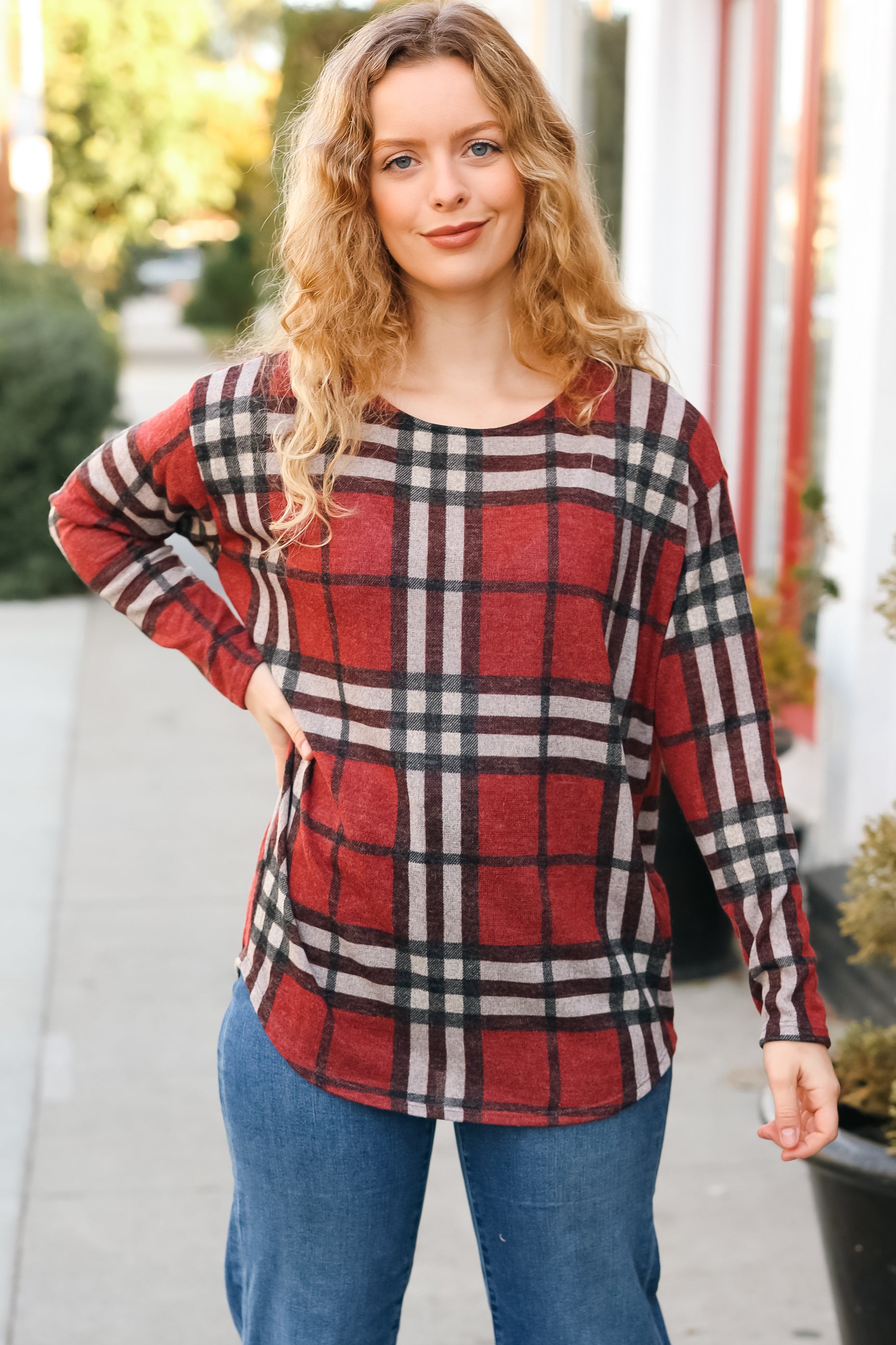 Perfectly You Red Plaid Boat Neck Long Sleeve Top First Love