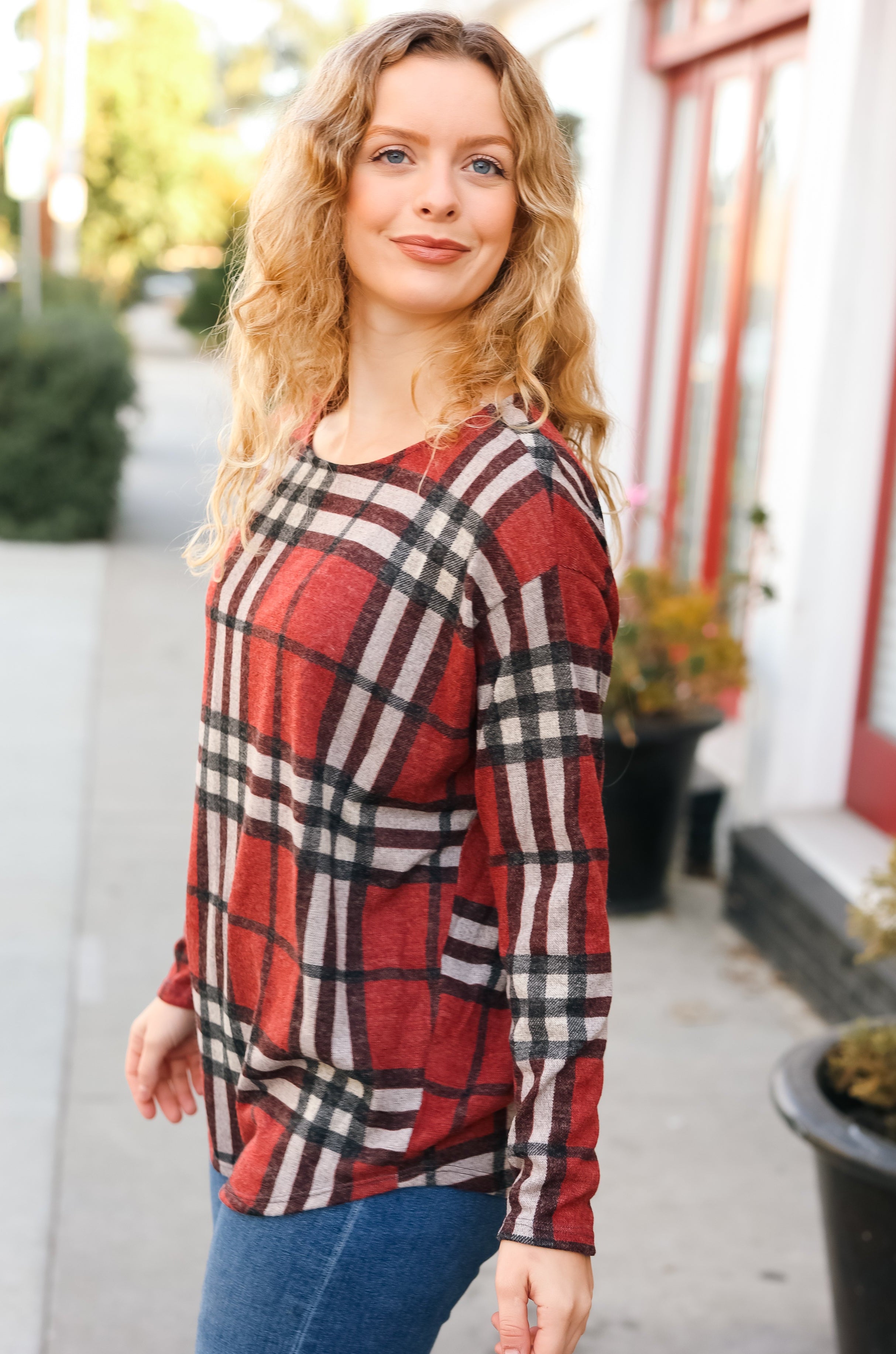 Perfectly You Red Plaid Boat Neck Long Sleeve Top First Love