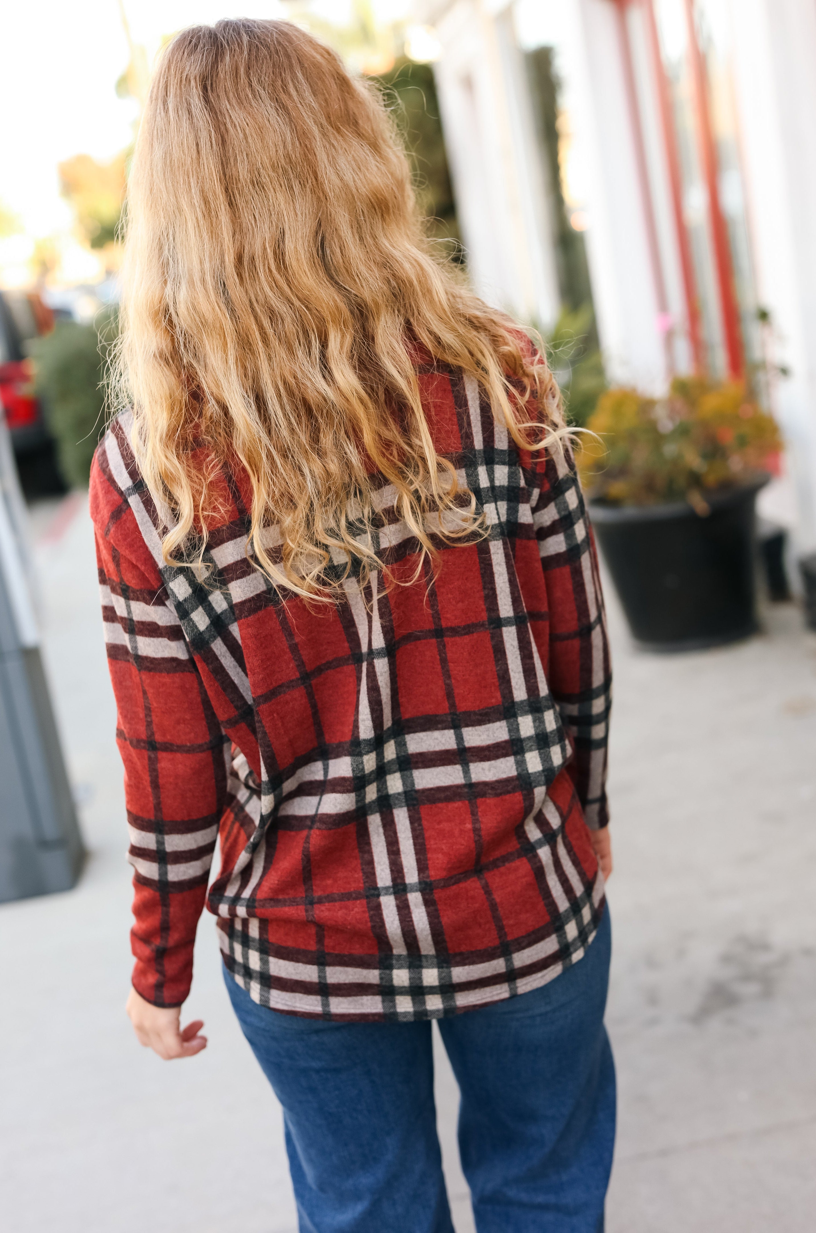 Perfectly You Red Plaid Boat Neck Long Sleeve Top First Love
