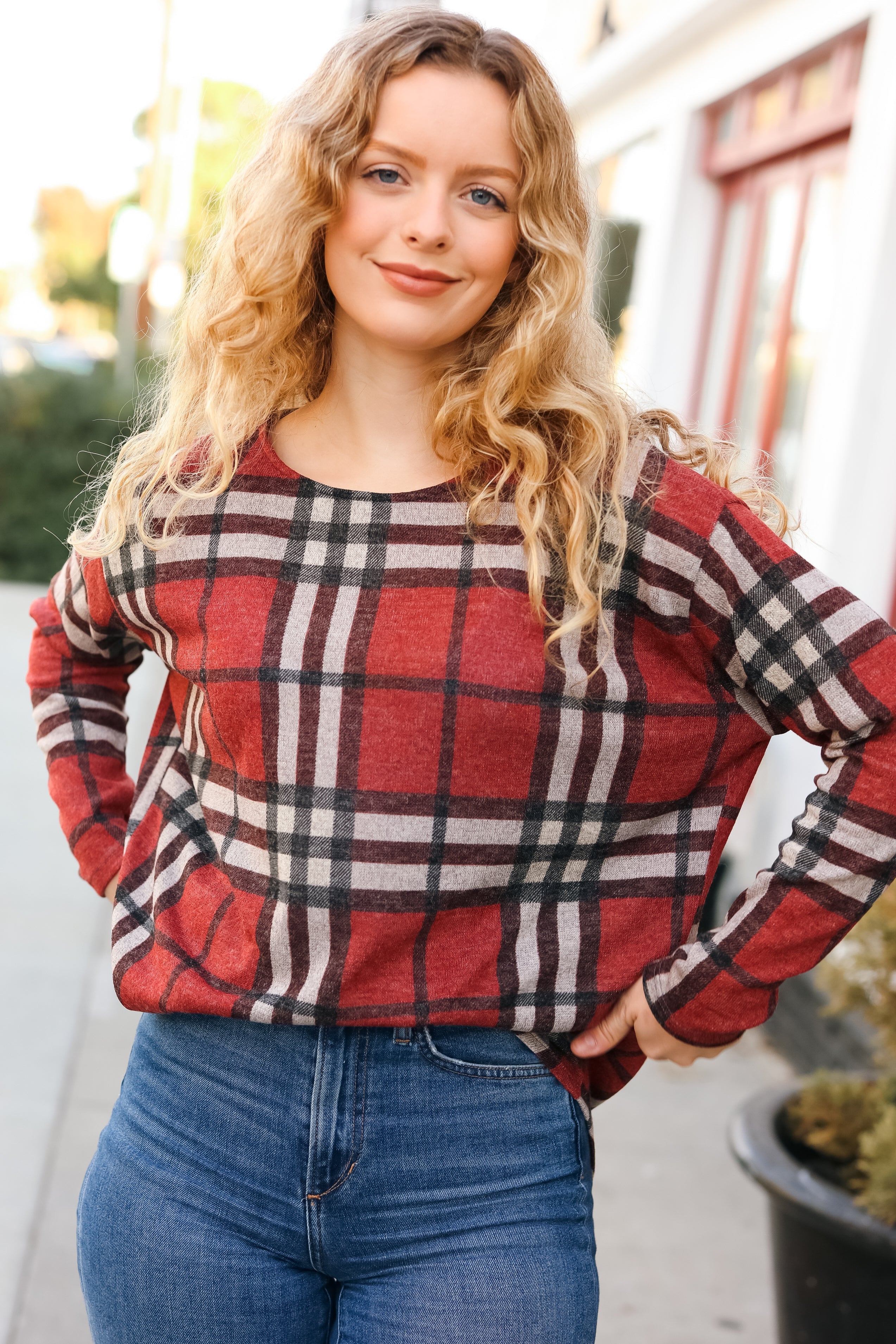 Perfectly You Red Plaid Boat Neck Long Sleeve Top First Love