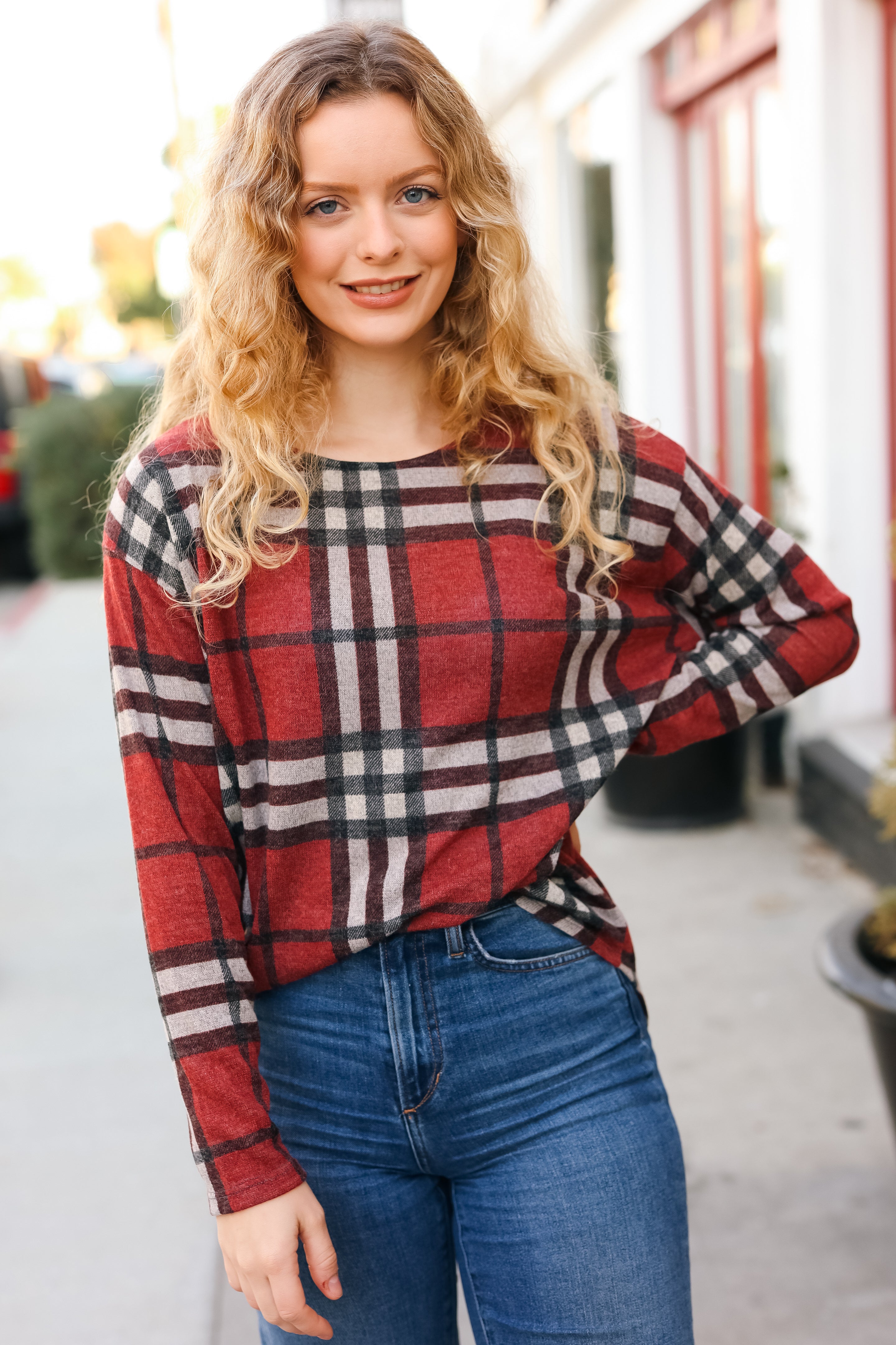 Perfectly You Red Plaid Boat Neck Long Sleeve Top First Love