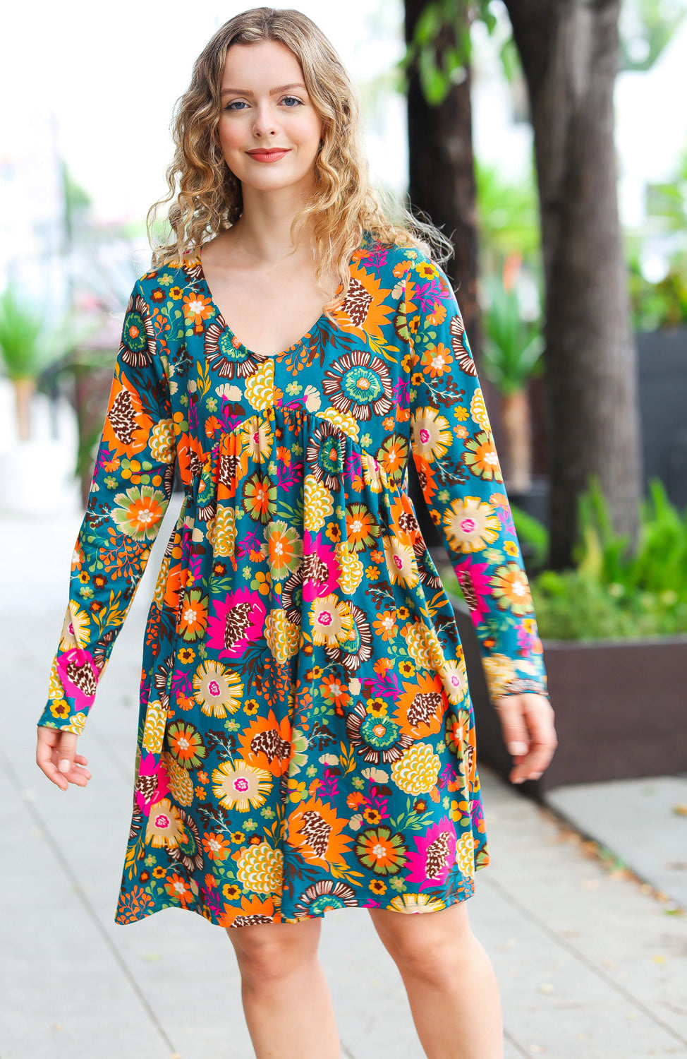 All About It Teal Vibrant Floral Pocketed Dress Haptics
