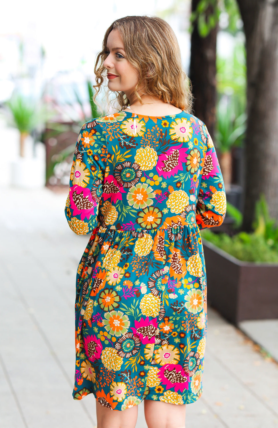 All About It Teal Vibrant Floral Pocketed Dress Haptics