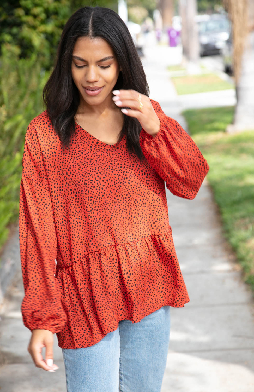 Rust Leopard Wool Dobby Woven Knit Top Haptics