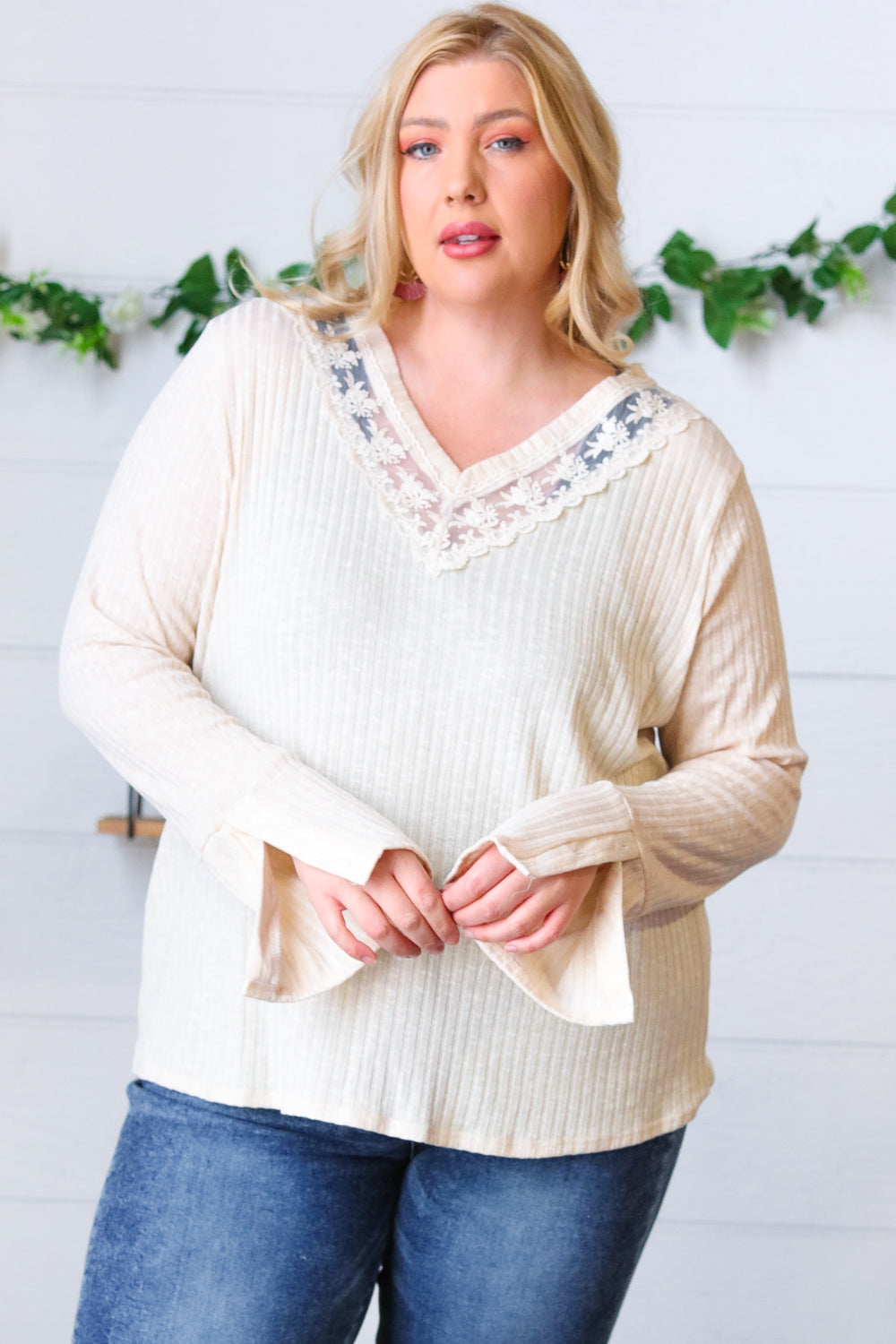 Cream Rib Lace V Neck Button Detail Top Sugarfox