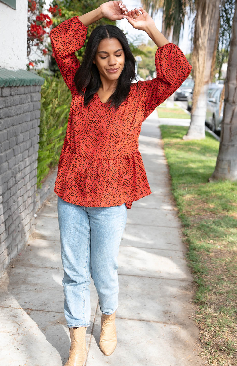 Rust Leopard Wool Dobby Woven Knit Top Haptics