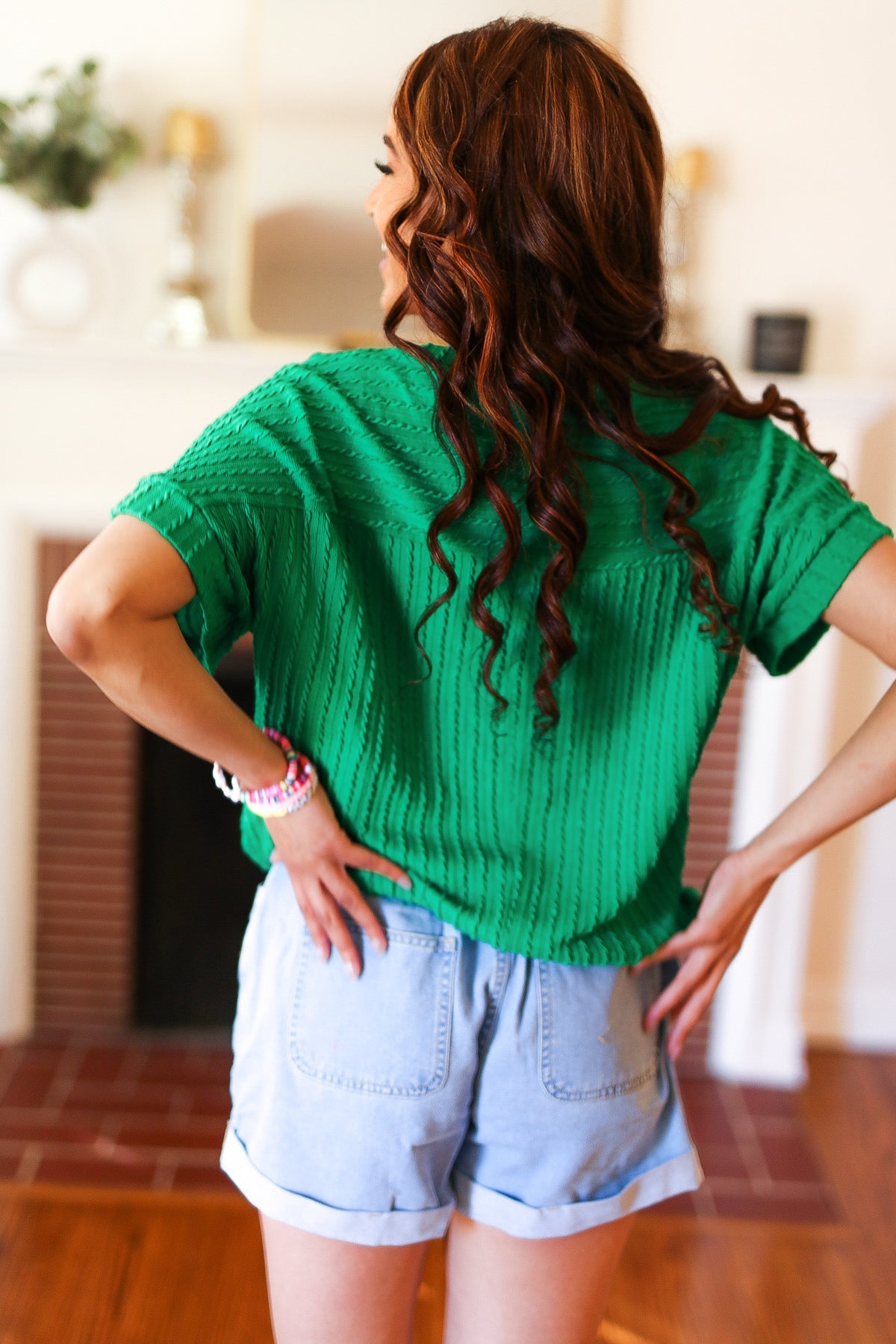 Be Your Best Green Cable Knit Dolman Short Sleeve Sweater Top Haptics