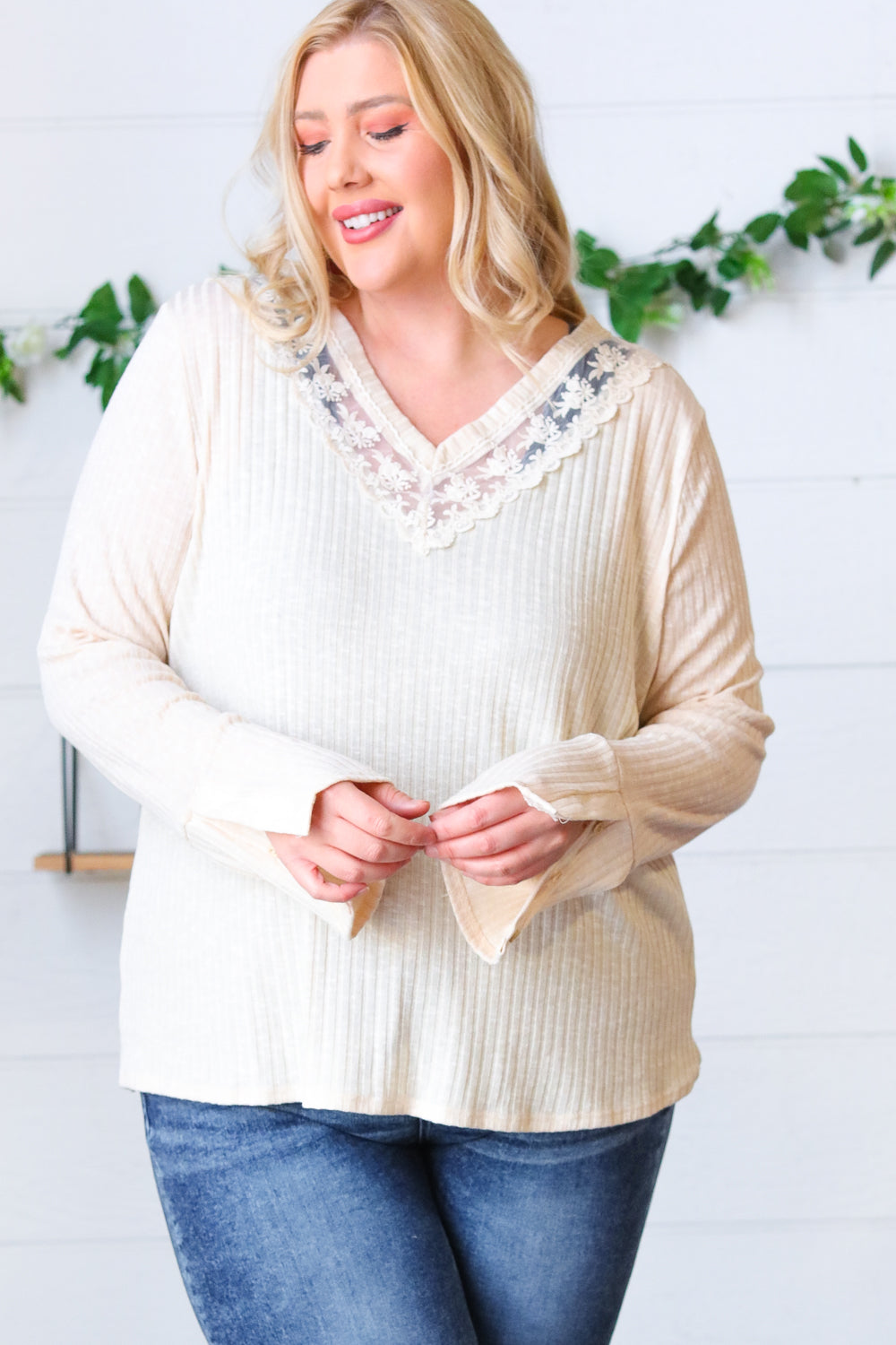 Cream Rib Lace V Neck Button Detail Top Sugarfox