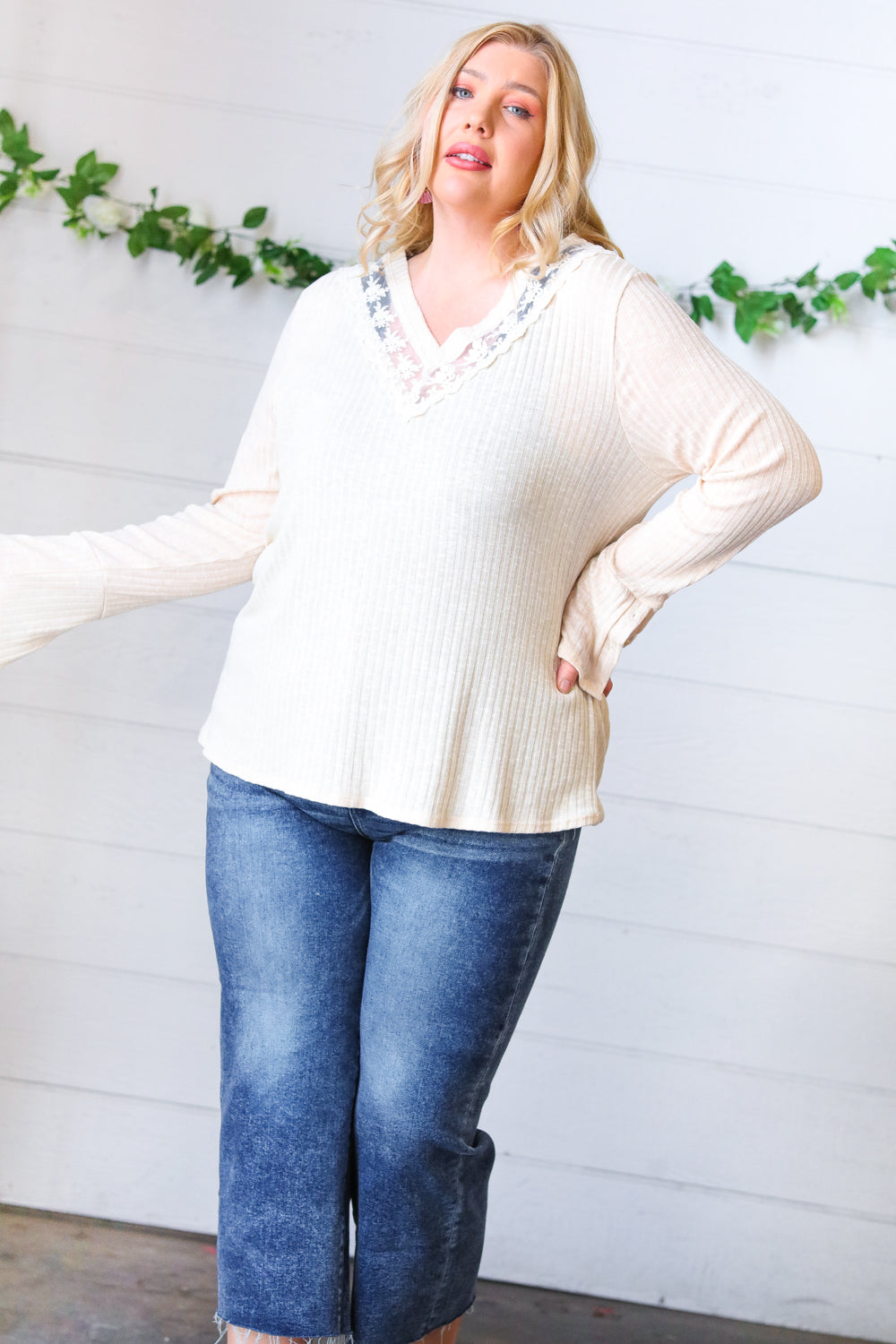 Cream Rib Lace V Neck Button Detail Top Sugarfox