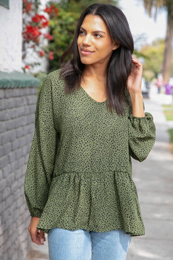 Moss Green Leopard Wool Dobby Woven Knit Top Haptics